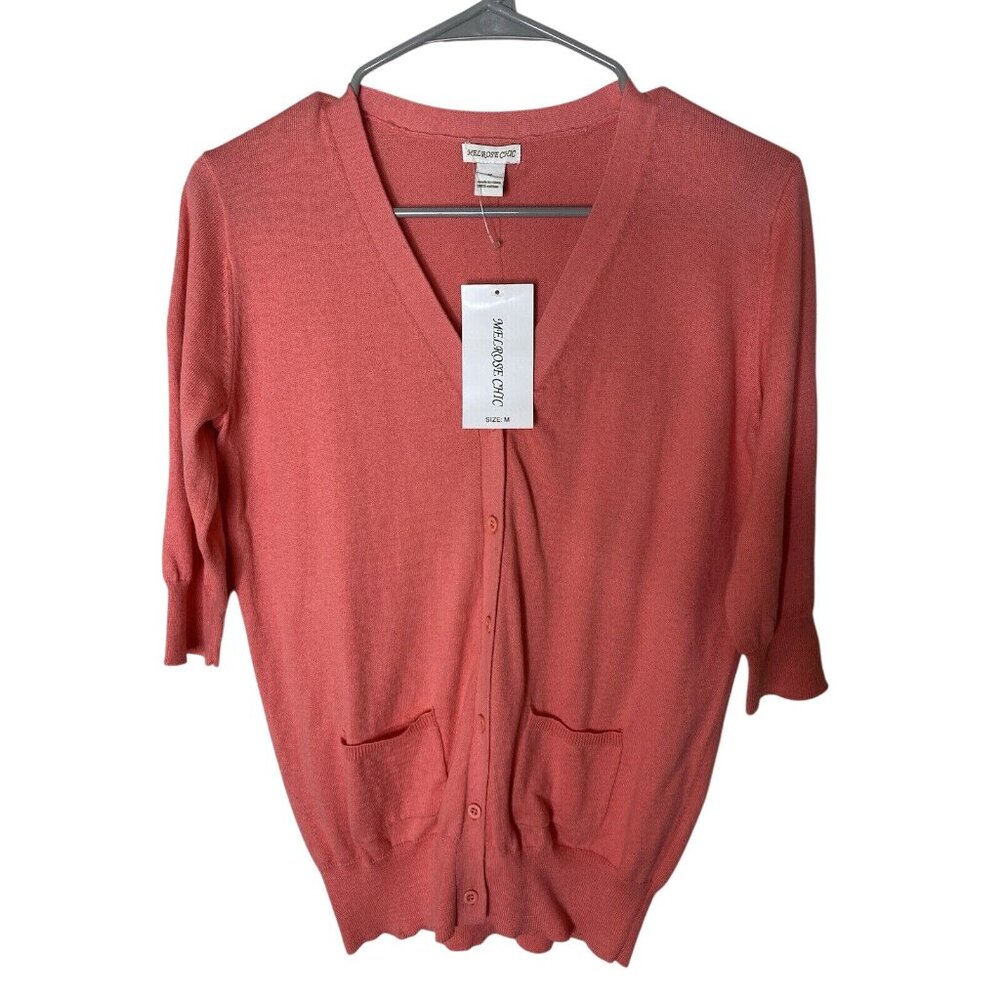 Melrose Chic Coral Pink Cardigan M Lightweight V-Neck 3/4 Sleeve